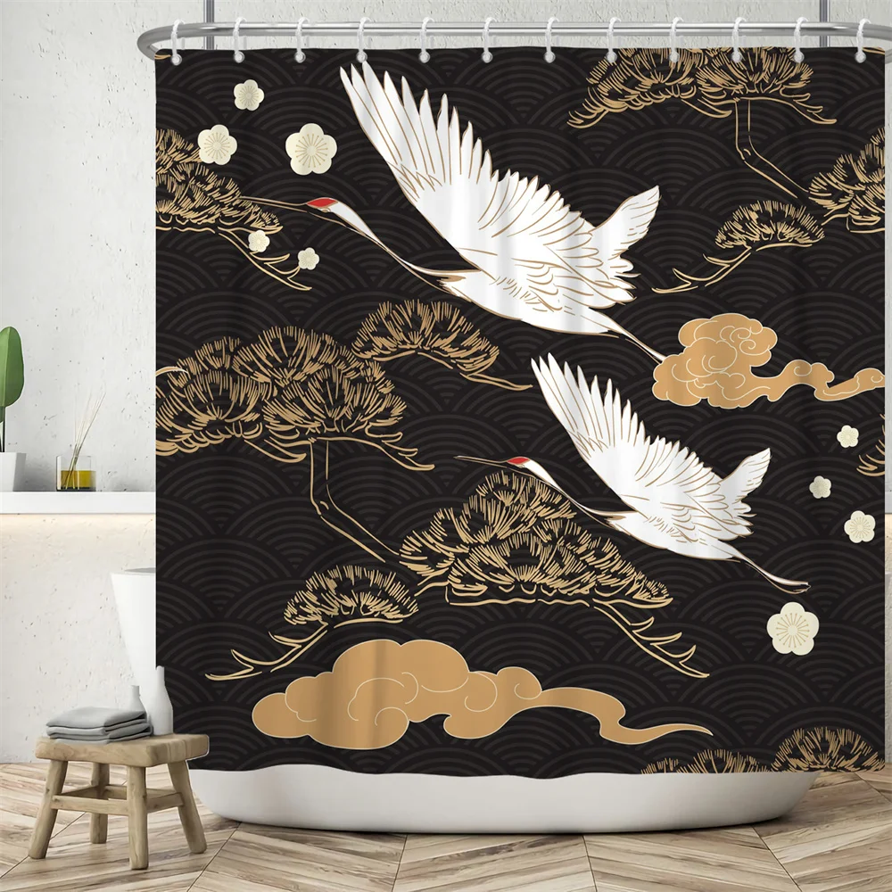 

Japanese Style Black Shower Curtain White Crane Pine Branch Waterproof Polyester Bath Curtains Decor Bathroom Curtain with Hooks