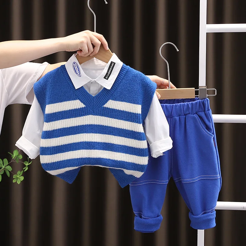 

1-5yrs Boys Set Spring Fall 3PCS Kids Suit Casual Stripes Sweateer Vest Cotton Letter Shirts Pants Cotton Tracksuit Girl Outfits