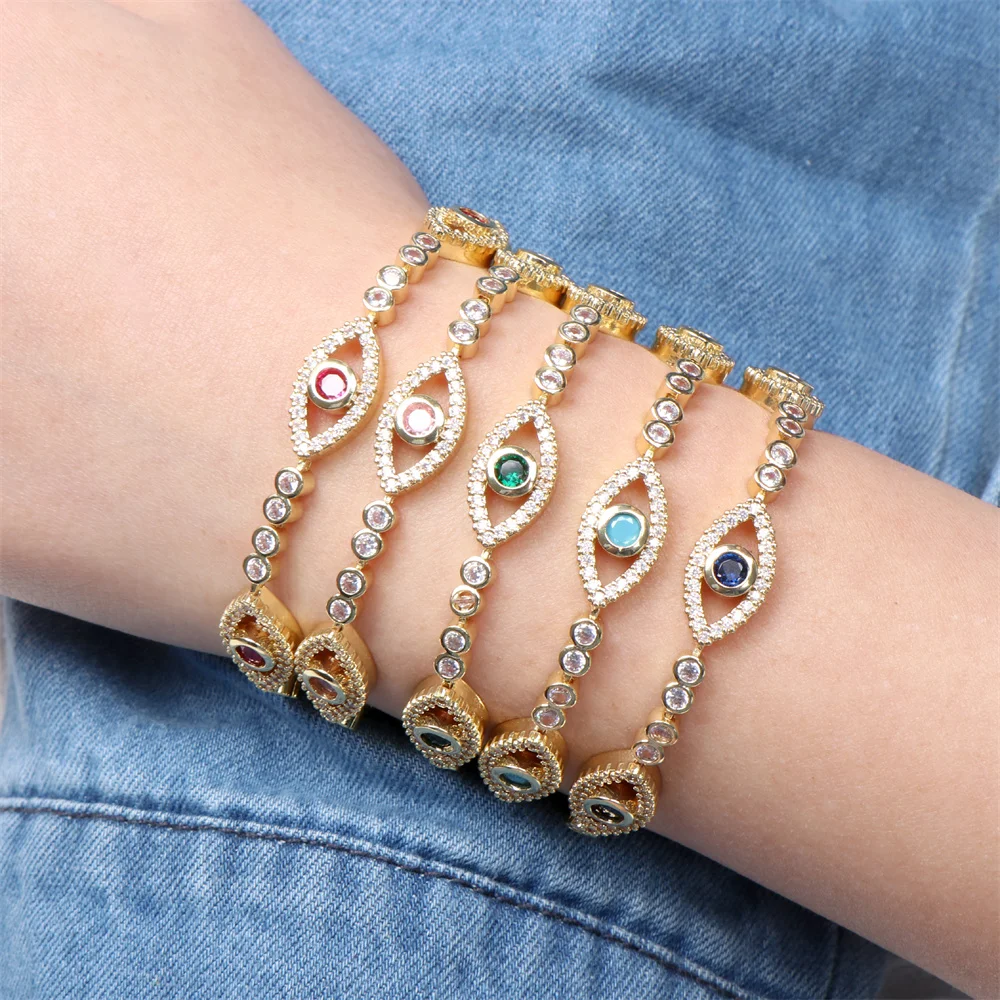 

Trendy Turkish Evil Eye Bracelet Shiny Cubic Zirconia Lucky Blue Eyes Charm Bracelet Female Fashion Jewelry Gifts Wholesale