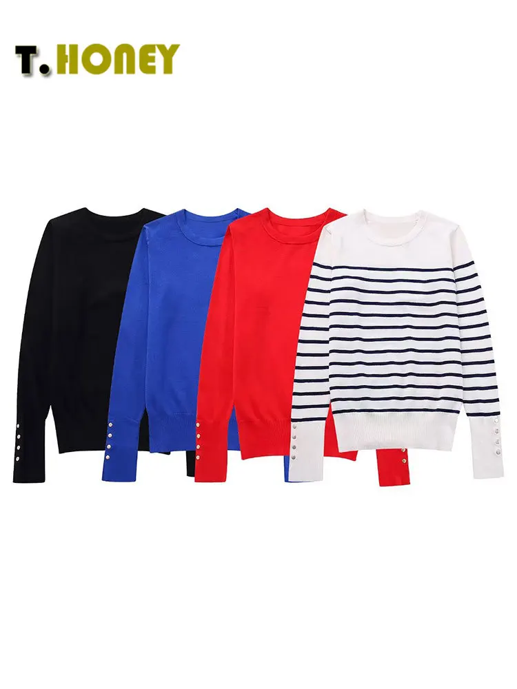 

TELLHONEY Women Fashion O-Neck Knitted Sweater Pullover Female Casual Basic Long Sleeves Button Decoration Slim Tos