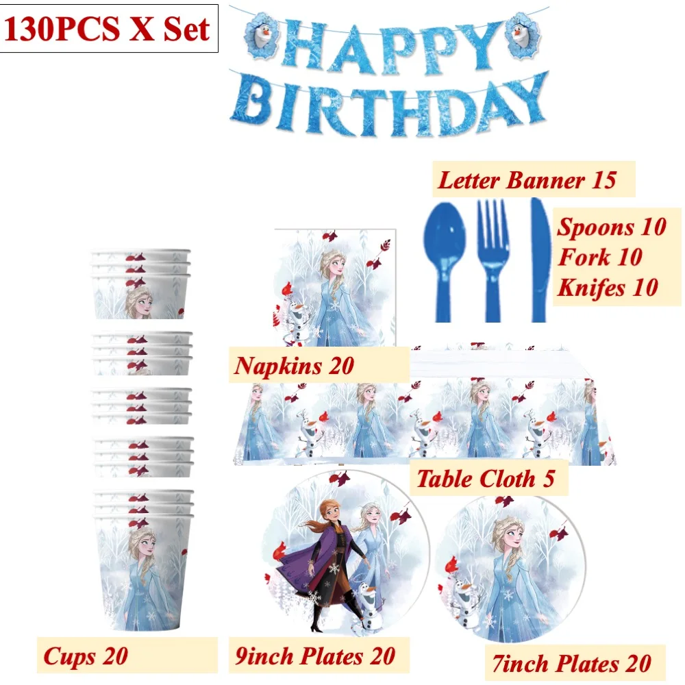 

New Frozen 130PCS Set LBanner Plates Fork For Birthday Babyshower Wedding Childrens Day Dinner Gathering School Day Celebrations