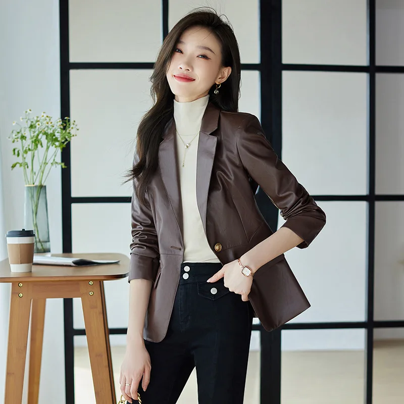 Red Leather Suit Jacket Women's Short Autumn High-class Slim Casual Leather Suit Formal Office Lady  Single Button Suit  Suede
