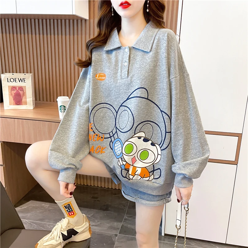 

Autumn Korean Version POLO Collar Cartoon Mid-length Sweatshirts Women's Long Sleeves Y2k Tops Streetwear Loose Harajuku Shirts