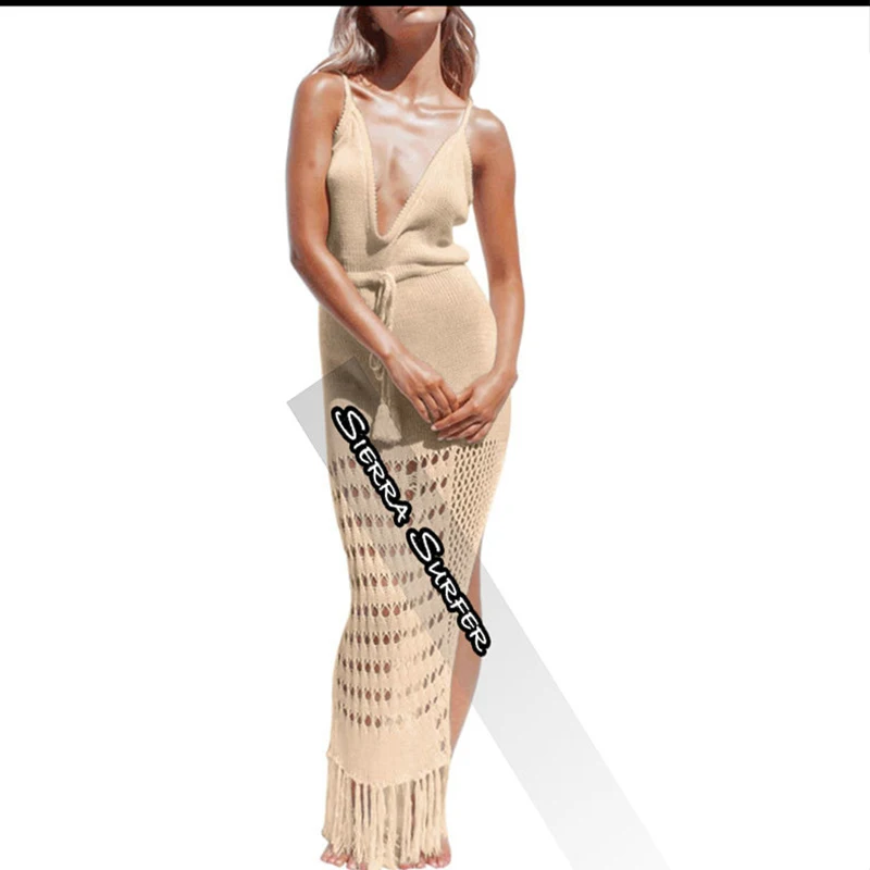 

Women Hollow out Knit White Maxi Fringe Dress Cover Up Bikini Drawstring Waist Tassel Crochet Low Scoop Back