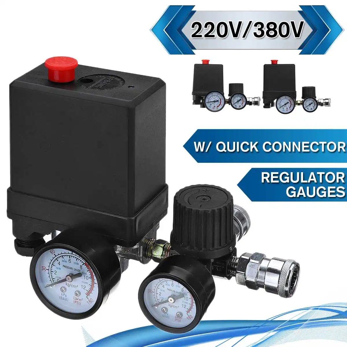 220V/380V Air Compressor Pressure Switch Control Valve Manifold Relief Regulator Gauge 30-120PSI with 4 Quick Connectors RU