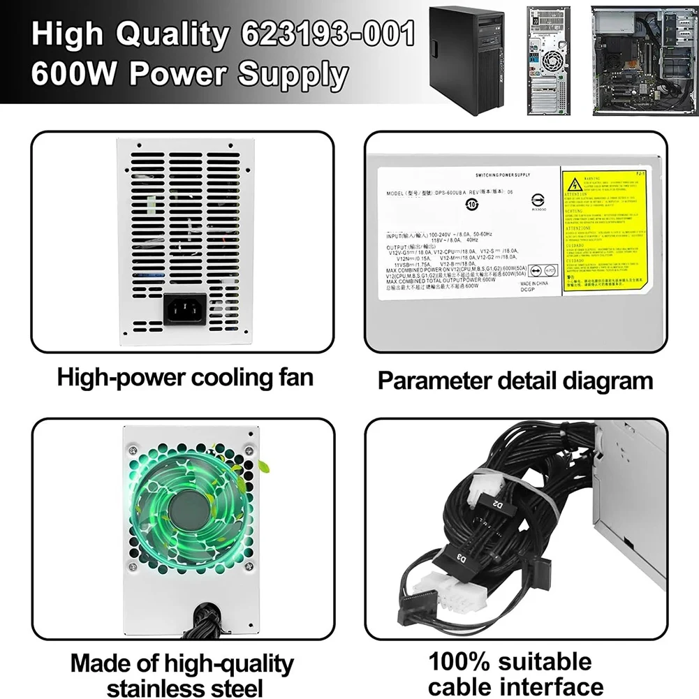 Фото Блок питания 600W Active PFC DPS 600UB A для HP Z420, совместимый с номерами деталей 632911-001, 623193-001, 632911-003 №4