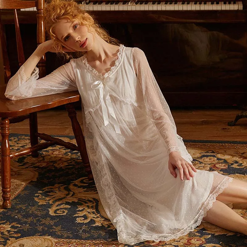 Roseheart New Women Homewear White Pink Sexy Sleepwear Nightdress Lace Nightwear Luxury Nightgown Court Homewear Court Gown