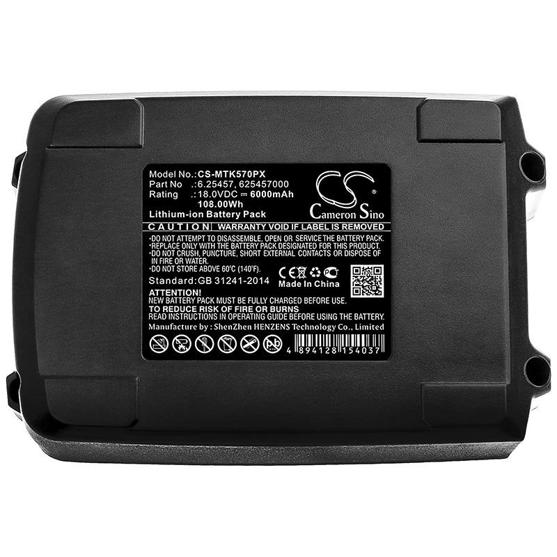 

CS 6000mAh Battery For Metabo 6.25455 6.25457 6.25457.00 6.25459 6.25468 6.25469 6.25469.00 6.25499 6.25499.00 6.25527