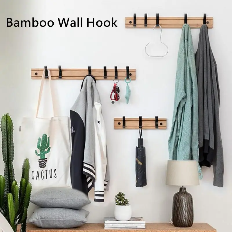 

3/4/5/6 Hooks Home Bamboo Clothes Hook Wall Hanging Door Hook Punch-free Hanging Hook with Nail-Free Glue And Screws