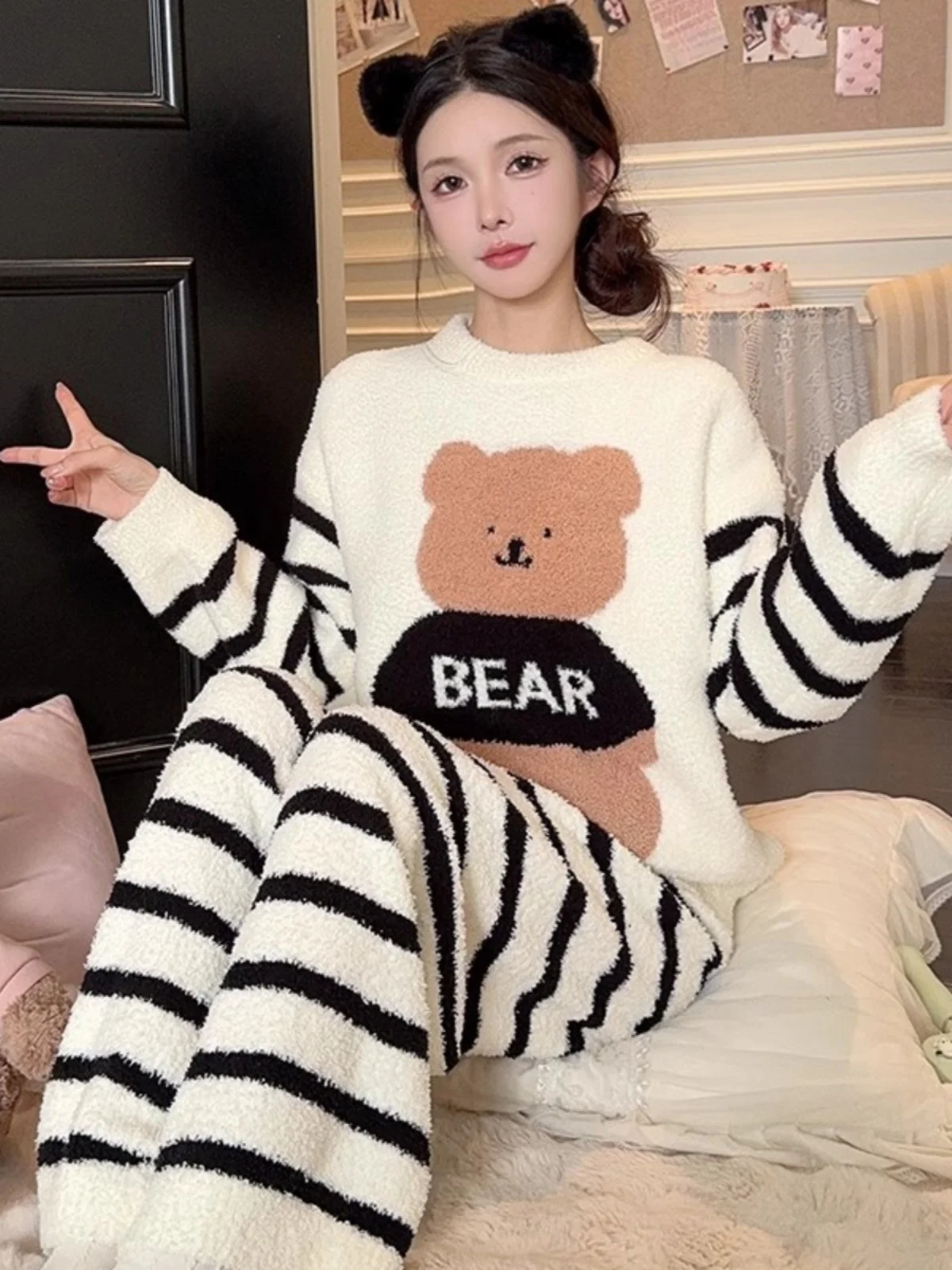 Soft Coral Fleece Pajamas Women Autumn and Winter New Thickened Warm Half Velvet Home Wear Set Can Be Worn outside
