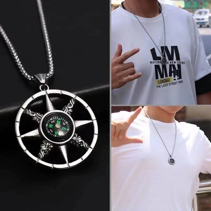 

Hip Hop Round Compass Pendant Necklace Men Women Motorcycle Jewelry Gifts