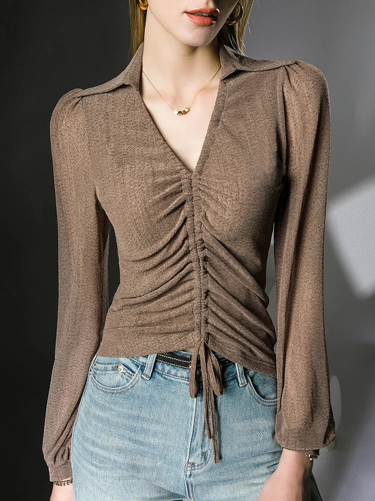 

shirts for women Long Sleeve T-Shirt Lapel Designer Drawstring Shirt Stretch Mesh Oversized Tops Goth Y2k Clothes T-shirts