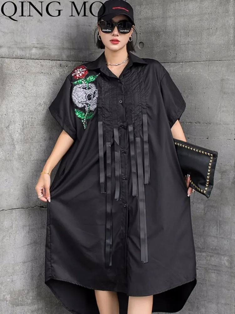 

QING MO Trendy Design Sense Niche Mid Length Loose Shirt Dress Women Patch Sequin Summer Dress 2023 New ZXF2790