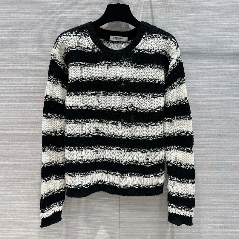 

22 Fall Winter Runway Wool Cashmere Black White Stripe Sweaters Women Elegant Hollow Out Handwork Knit Pullovers Lady Office Top