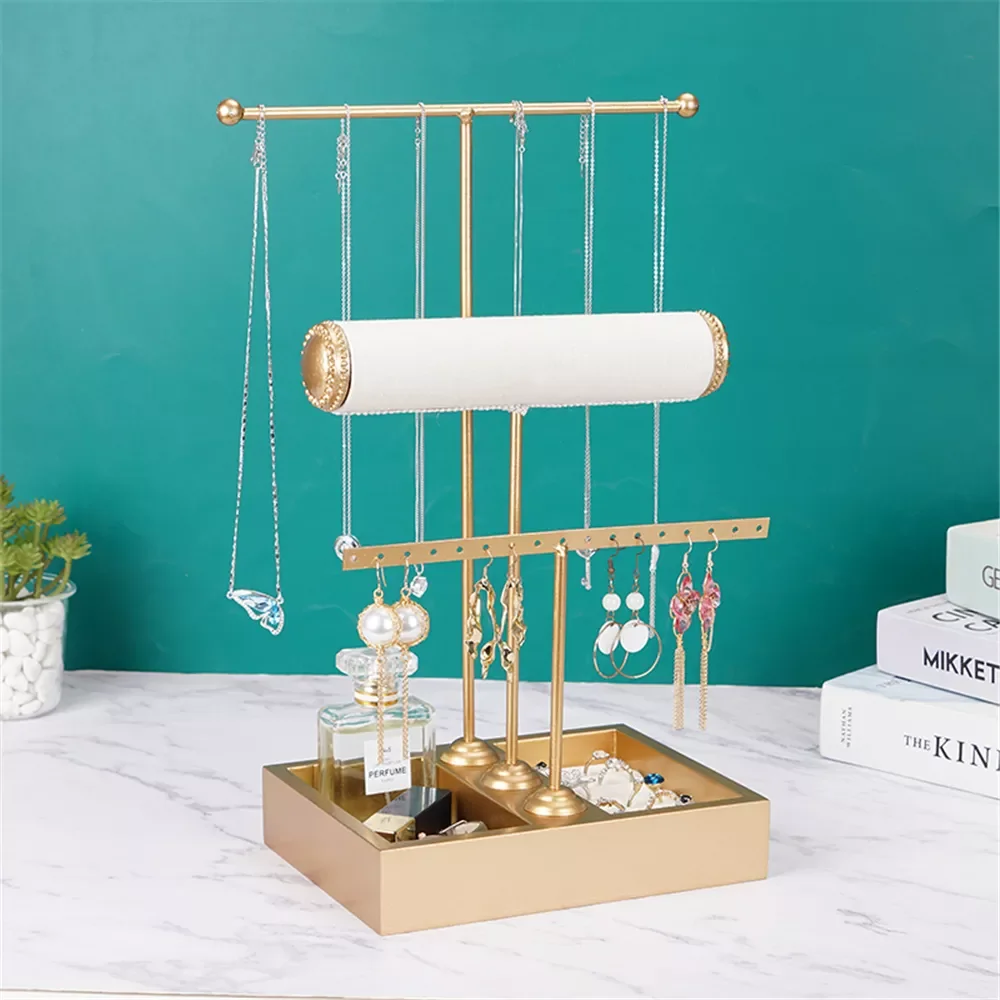 

2023 Golden Metal T-shaped Bracelet Ring Earring Organizer Jewelry Holder Stand Necklace Display Rack with Storage Box Basesto
