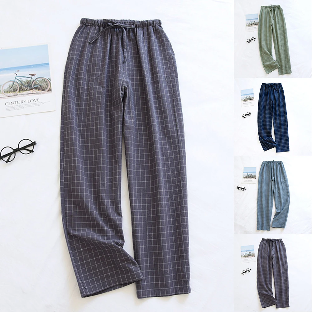 

Mens Cotton Trousers Thin Men Home Pants Elastic Waist Sleep Comfy Bottoms Plaid Lounge Sweatpants Soft Pants Home Sleepwear