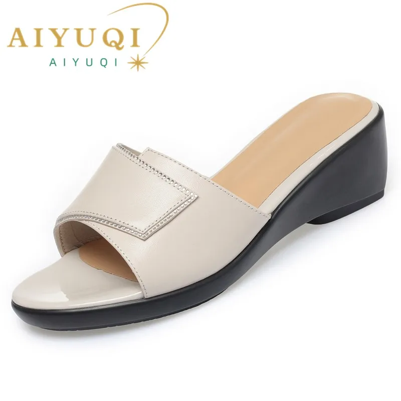 AIYUQI Slippers Women Genuine Leather Summer 2023 New Outwear Mom Slippers Wedge Casual Slippers Women