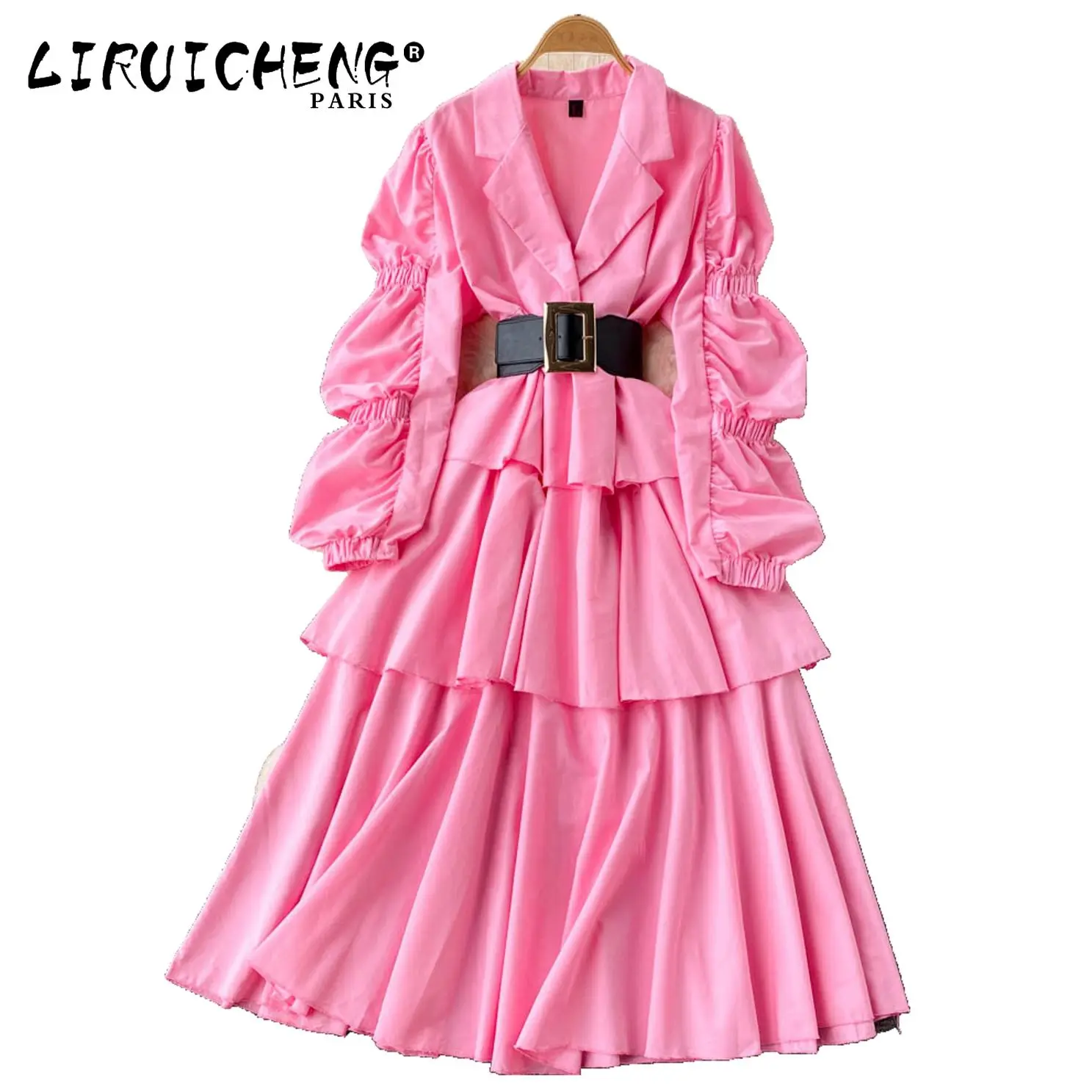 

LIRUICHENG 2023 Summer Ruffled Women Solid Elegant Long Sleeves Sashes V Neck Vacation Ladies Casual Long A Line Dress