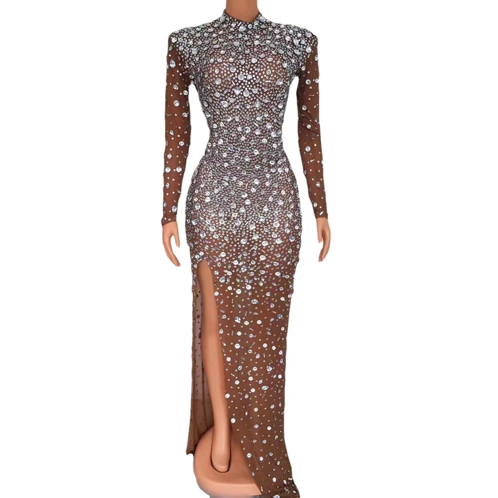 

Luxurious Rhinestones Crystal Long Dress Women Sexy High Split Transparent Birthday Celebrate Evening Prom Gown Dress Stage Wear