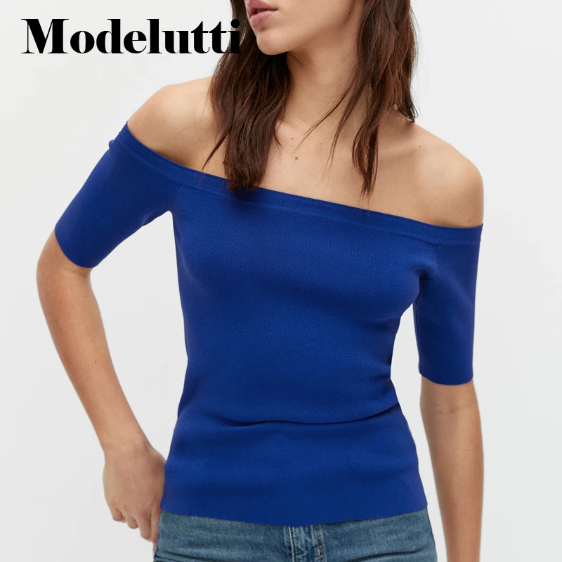 

Modelutti 2022 New Spring Summer Fashion Short Sleeve One Shoulder Knitted Sweater Women Solid Color Simple Casual Tops Female