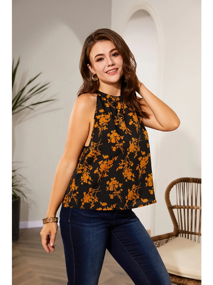 Chiffon top women's cropped sleeveless floral loose womenswear plus size feminino tanks