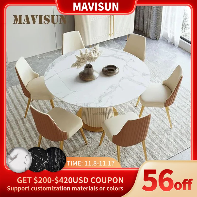 

Роскошный комнатный выдвижной круглый стол для кухни, домашняя мебель, ресторан, мраморный обеденный стол, 6 стульев, современный набор для столовой
