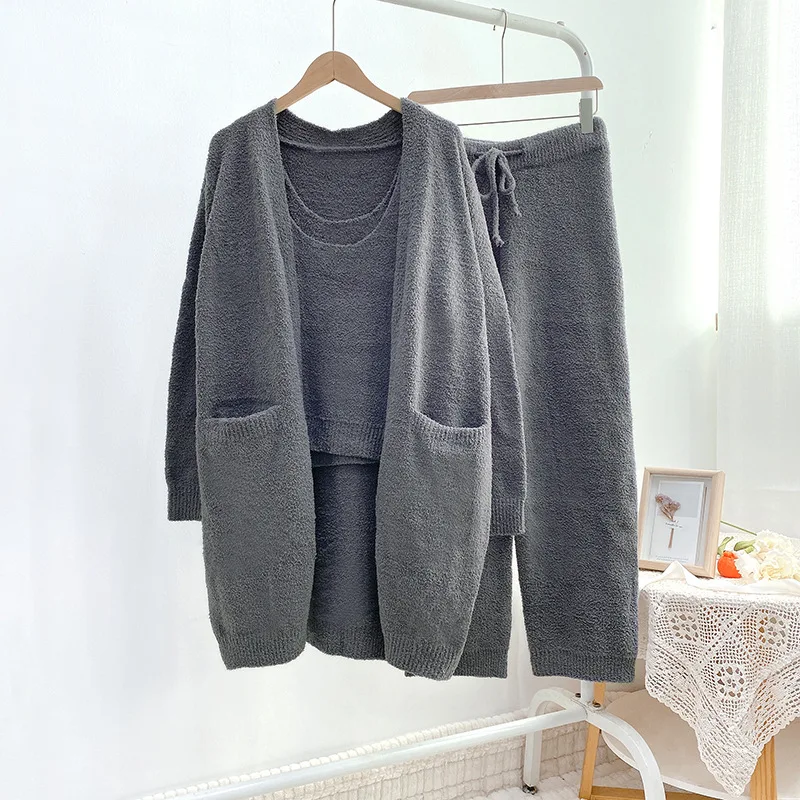 Thick Women Pajamas Set Three-piece Home Clothes Soft Warm Autumn Winter Long-sleeved Trousers Suspenders Cardigan Wool Knitting