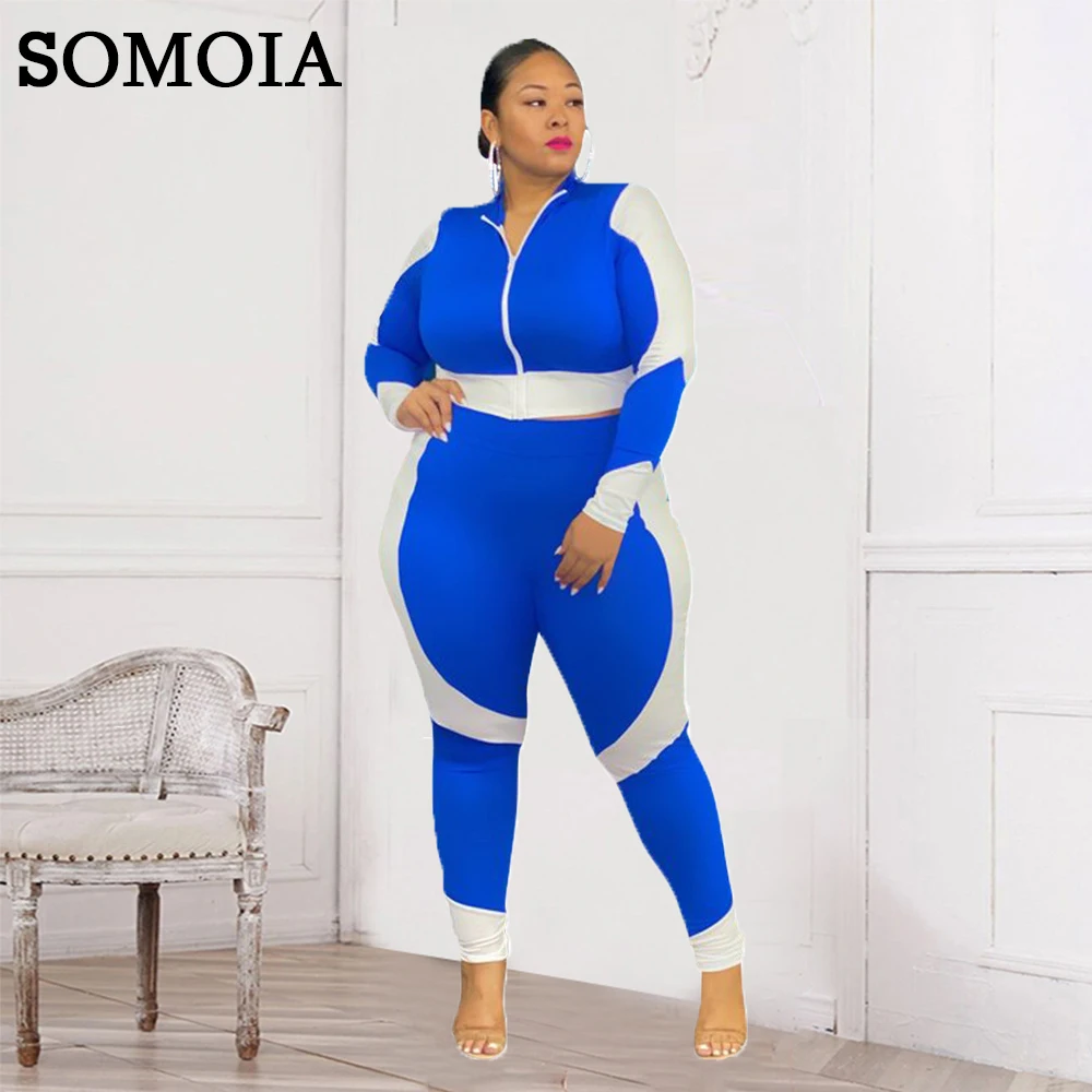 

Plus Size Women Casual Color Matching Tracksuit Zip Up Long Sleeve Two Piece Set Joggers Winter Sweatsuit Sporty Bodycon Outfit