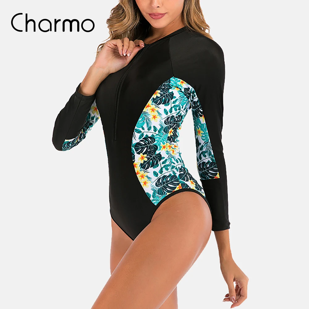 

Charmo Women's Swimwear Fashion Long Sleeve Surfwear Zip-Up Swimwear One Piece Swimsuit Printed Patchwork Sun Protection