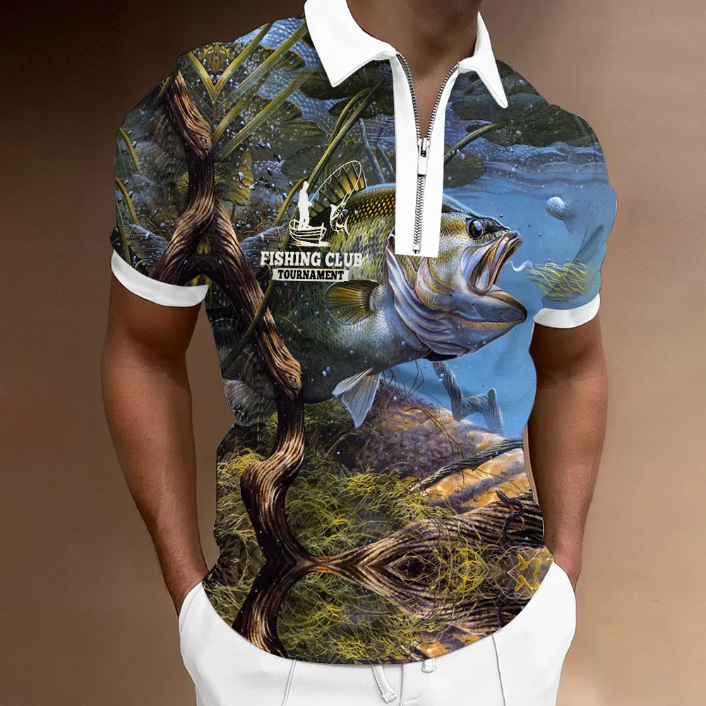 

Summer Men's Clothing Polo Shirts Fishing Club Print Casual Short Sleeve Tee Shirt Men Turn-Down Collar Zipper Prom Polo Tops