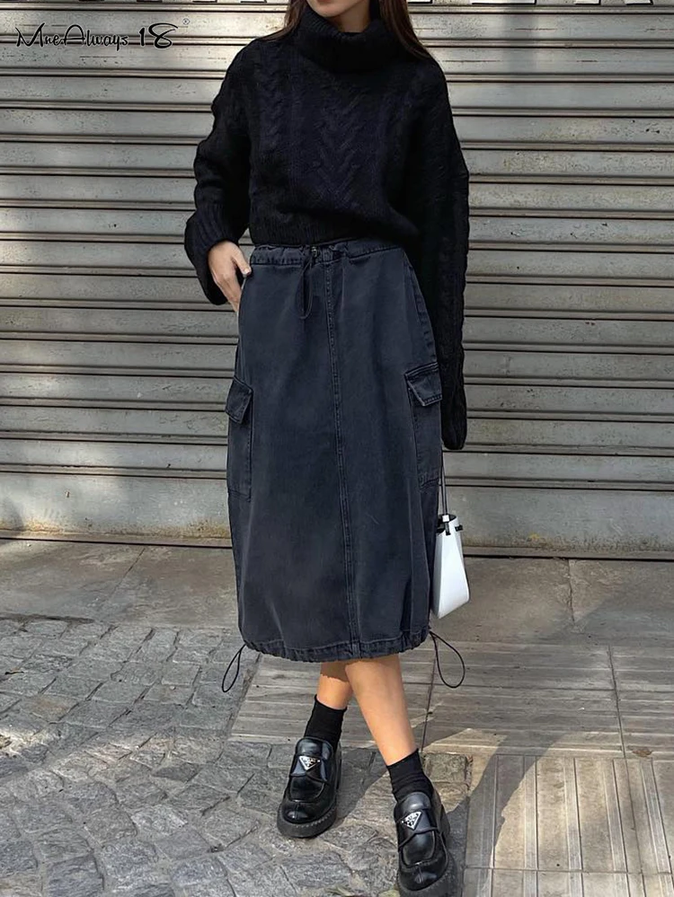 

Mnealways18 Streetwear Cargo Wash Jeans Skirts Women Double Pockets Drawstring Midi Skirt Summer 2023 Casual Denim Skirts A-Line