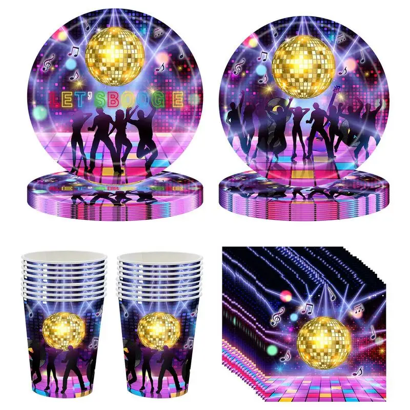 

Disco Party Decorations Tableware Colorful Music Neon Paper Plates Kits Retro Music Neon Paper Plates For Banquet Dinner 70s