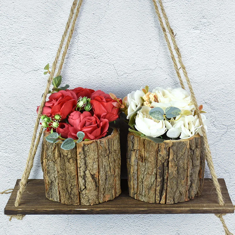 Garden Bark Flower Flowerpot Creative Pot Planter Round Basket Hollow Wooden Stump Plant Bonsai Wedding Home Decoration |