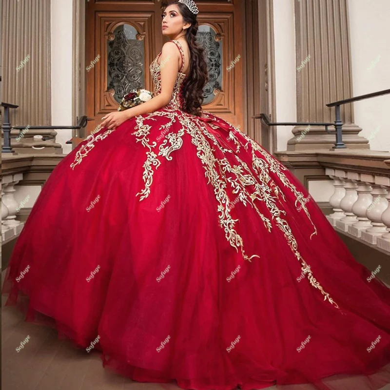 

Sofuge Red Quinceanera Ball Gown Tulle Appliques Puffy Pleat Dresses Corset Back Vestido 15 Anos Festa Graduation Plus Size