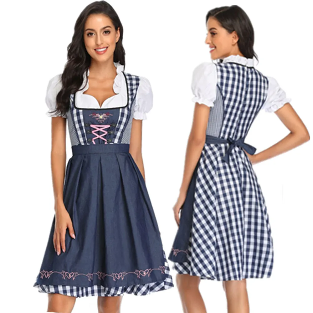 High Quality Traditional German Plaid Dirndl Dress Oktoberfest Costume Outfit For Adult Women Halloween Cosplay Fancy Party