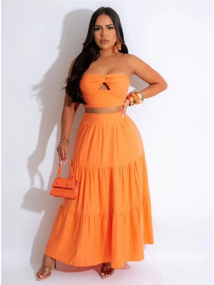 

Женский винтажный костюм Zoctuo, короткий Топ без бретелек с вырезами, свободная длинная юбка, комплект из 2 предметов, женский пляжный костюм, 2023