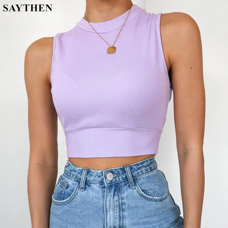 

SAYTHEN 2022 Summer Halter Lace-Up Vest Women's Solid Color High Waist Show Chest Sexy Short Sleeveless Top Women's