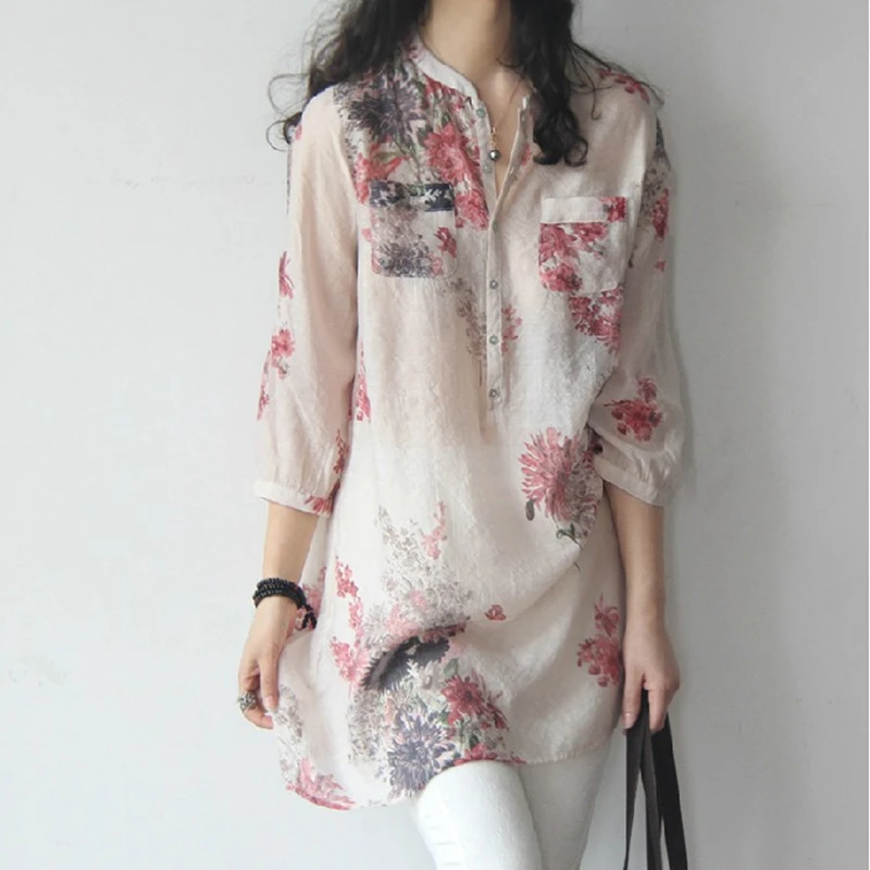 

New 2022 Tops and Blouses V-neck Women Shirts Floral Print Vintage Blouse Women Clothing Top Long Sleeve Summer Full