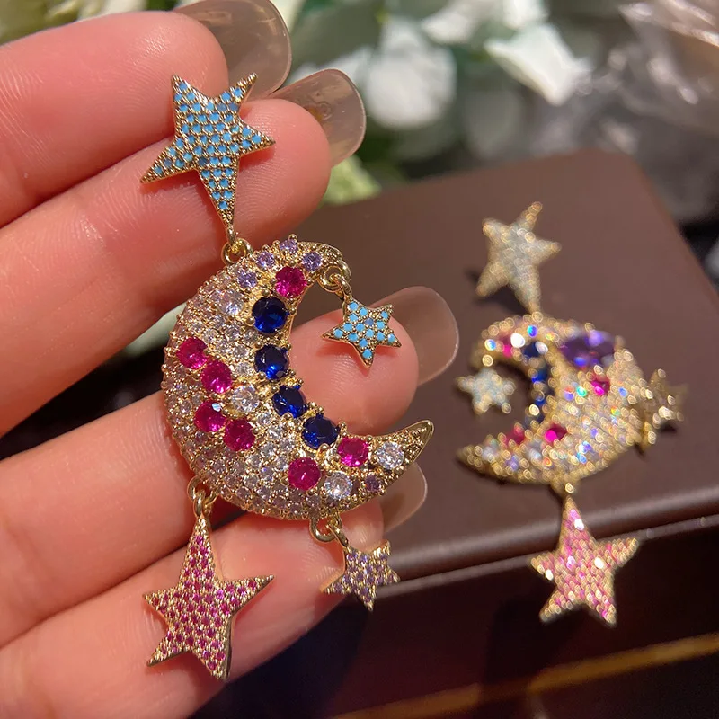 

Personality Moon Earrings Micro Inlay Cubic Zirconia Star Color Retro Dangle Earrings for Women Party Jewelry Earrings Wholesale