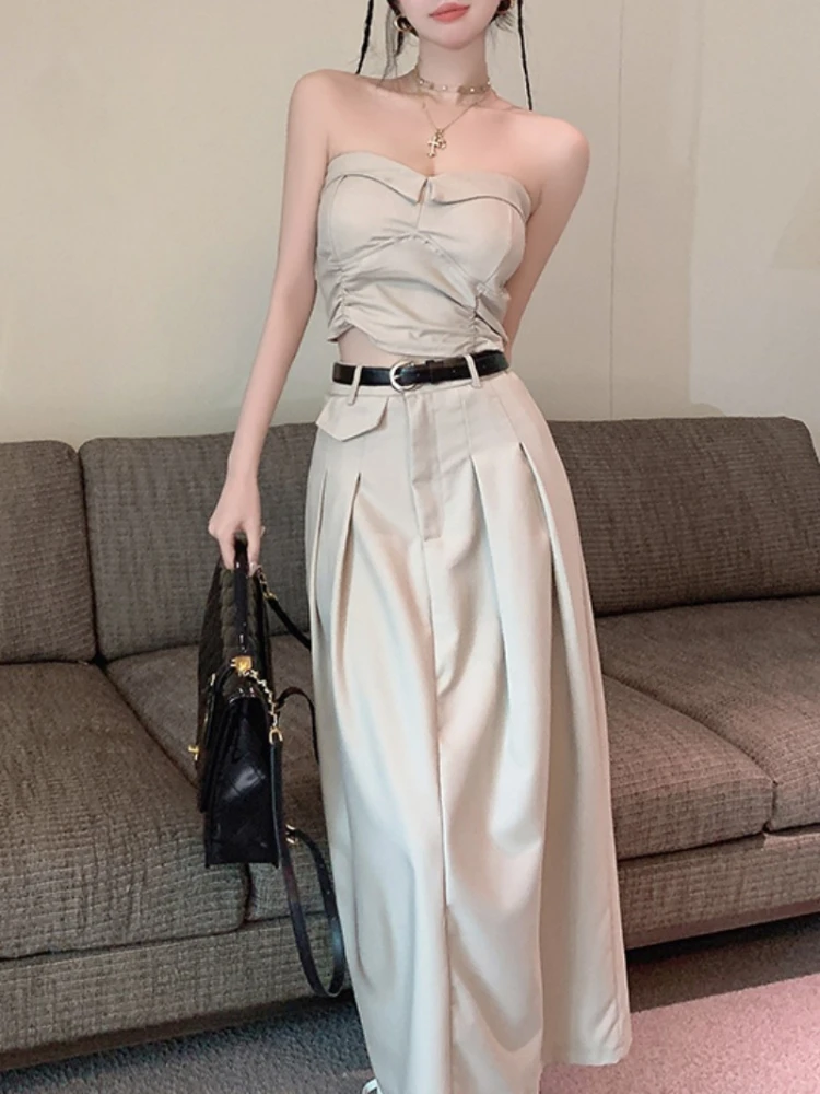 

Fashion Sweet Cool Sexy Sleeveless Strapless Tube Top for Women 2023 Summer New Retro Female Long Skirt Sets Two-Piece Suit