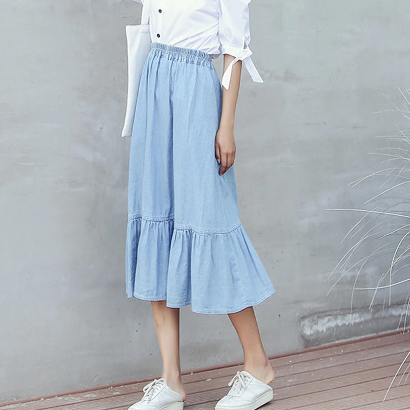 

Женская джинсовая юбка с оборками, светло-голубая элегантная Милая юбка средней длины с эластичным поясом, в студенческом стиле, с высокой т...