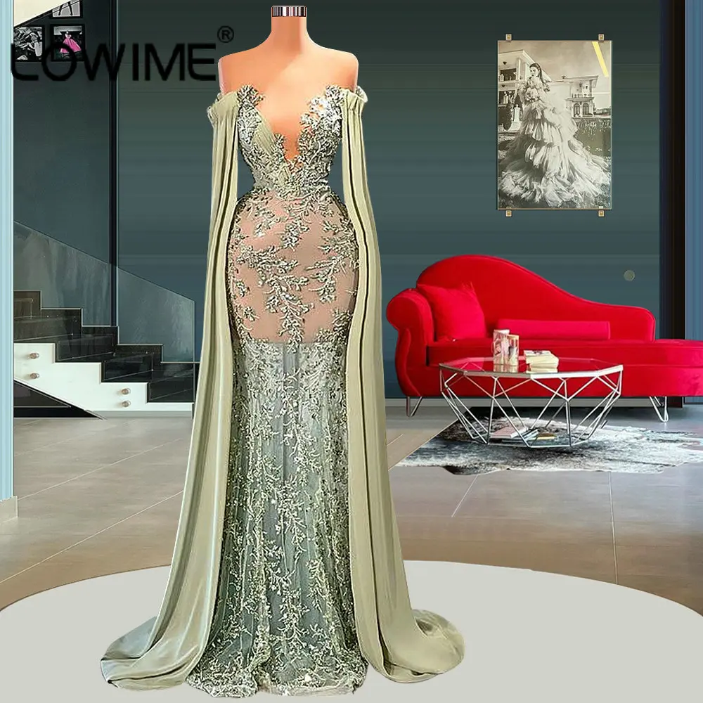 

Mint Green Beaded Mermaid Evening Dresses With Cape Lace Appliqued Sexy V Neck Women Party Gowns Illusion Formal Prom Dress 2023