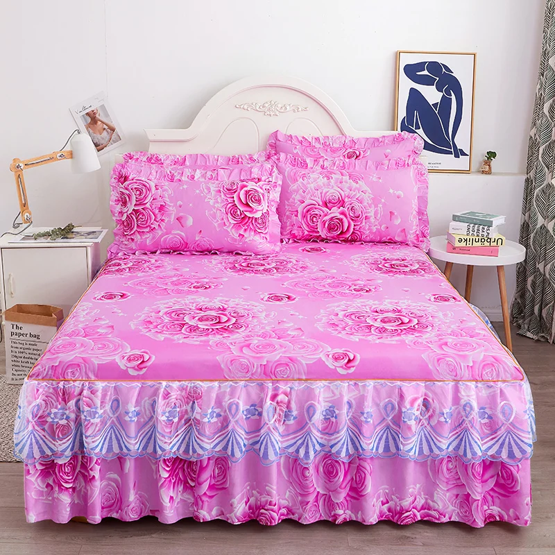 

1PC Printed Bedding Set Soft Bed Skirt Bedspread Full Twin Queen King Size Bed Sheet Mattress Cover WithLace Without Pillowcases