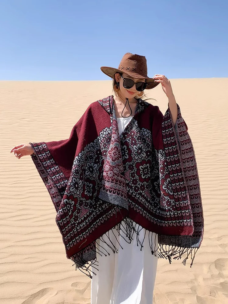 Фото GypsyLady Boho Цветочные вязаные плащи, накидки, толстовки, винтажные, толстые, теплые, Женская Бриллиантовая накидка, пончо, верхняя одежда №3