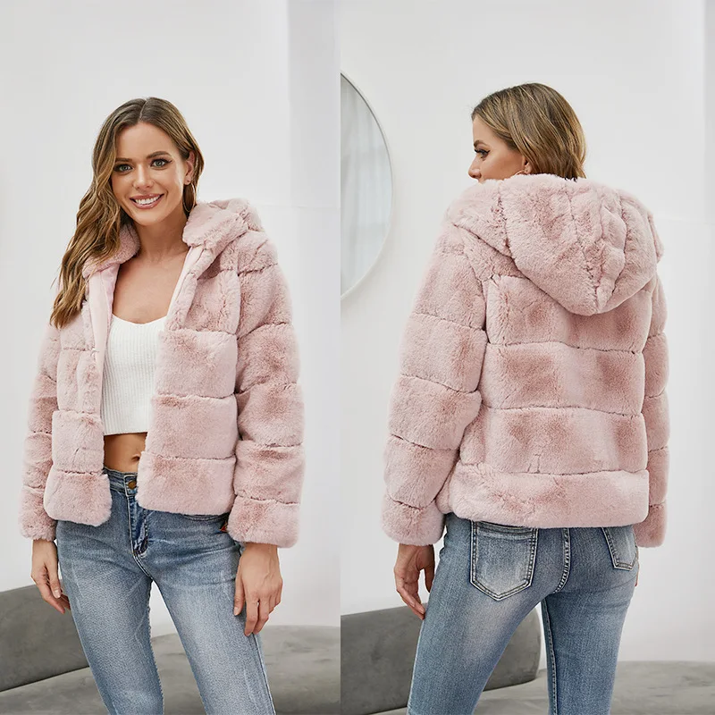 2022 New Short Faux Fur Coat Solid Color Loose Horizontal Patchwork Hooded Coat Imitation Fur Warm Coat Autumn Winter
