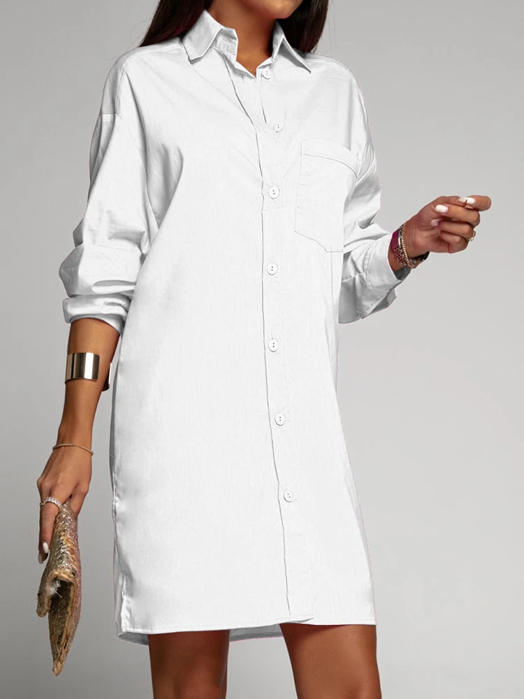 

Элегантное темпераментное платье-рубашка для женщин, модное однотонное платье с воротником на пуговицах и лацканами, Осенние новые женские...