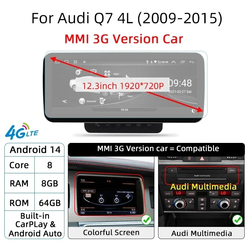 

12.3'' экран для автомобиля с Qualcomm Android 14, беспроводным CarPlay, GPS-навигацией, мультимедийным проигрывателем, 4G и Wi-Fi для Audi Q7 4L 2005-2015