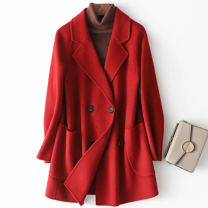 

2022 new double-sided cashmere coat women short solid color double-breasted loose temperament commuter wool coat Pockets Button