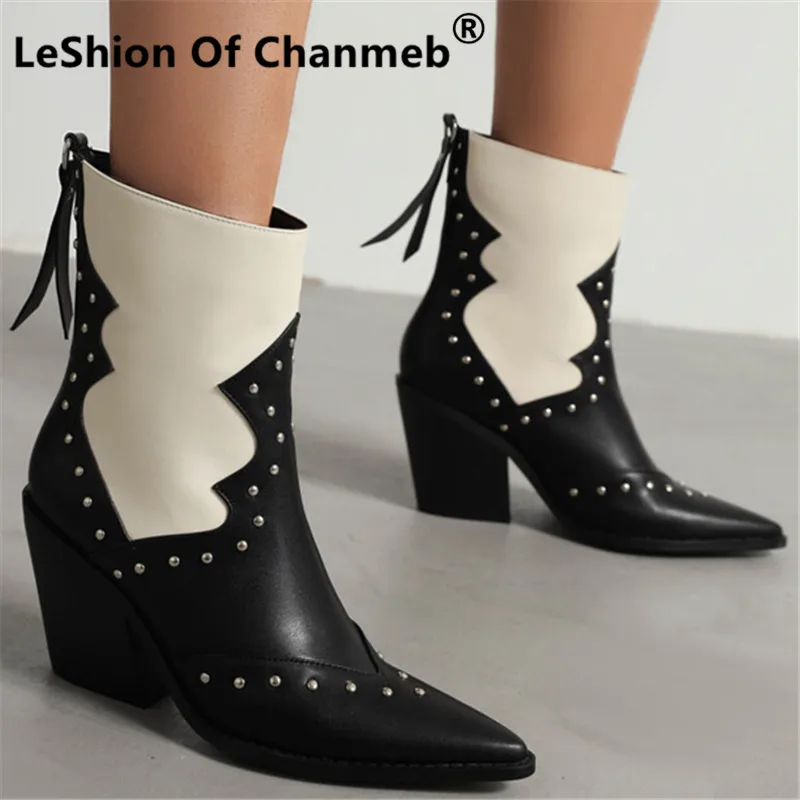 

LeShion Of Chanmeb Women Punk Rivets Western Boots Chunky High Heel Pointy Toe Zipper Cowboy Boot Cowgirl Mix-color Shoes Winter