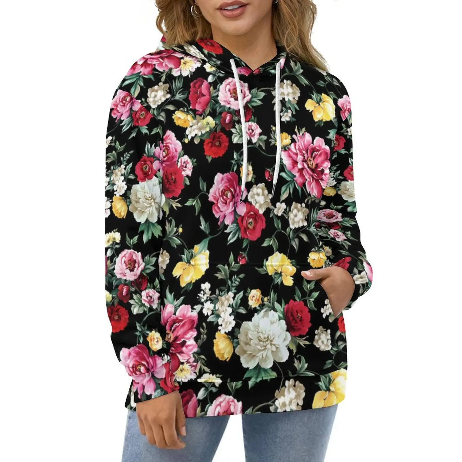 

Colorful Floral Print Casual Hoodies Modern Flower Aesthetic Design Loose Hoodie Winter Long Sleeve Street Fashion Oversize Tops